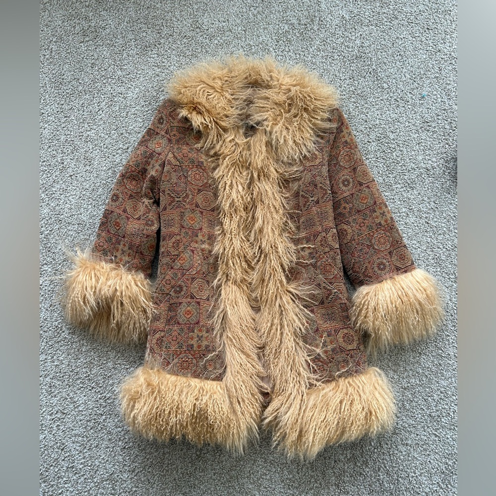 1 Madison Brocade Mongolian Lamb Fur Trimmed Coat (S)